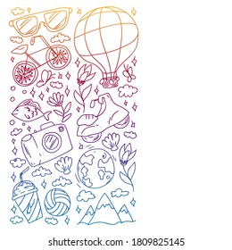 Flat design style modern vector illustration icons set of traveling on airplane, planning a summer vacation, tourism and journey objects.