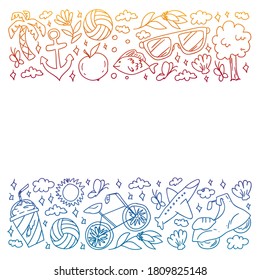 Flat design style modern vector illustration icons set of traveling on airplane, planning a summer vacation, tourism and journey objects.