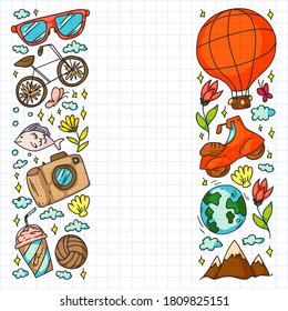 Flat design style modern vector illustration icons set of traveling on airplane, planning a summer vacation, tourism and journey objects.