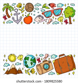 Flat design style modern vector illustration icons set of traveling on airplane, planning a summer vacation, tourism and journey objects.