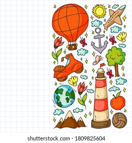 Flat design style modern vector illustration icons set of traveling on airplane, planning a summer vacation, tourism and journey objects.