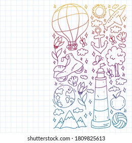 Flat design style modern vector illustration icons set of traveling on airplane, planning a summer vacation, tourism and journey objects.