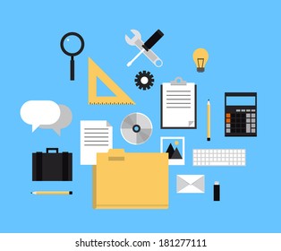 Flat design style modern vector illustration icons set of web folder with documents, office equipment, working tools and other business elements for internet workflow and management.