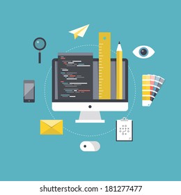 Flat design style modern vector illustration concept of web page coding and programming, website design planning and development and freelance project management. Isolated on stylish color background