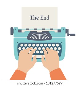 Flat design style modern vector illustration concept of author hands typing on a manual vintage stylish typewriter and the end of story title text on a paper page. Isolated on white background