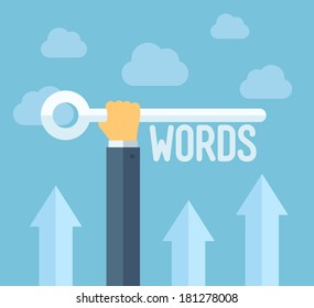 Flat design style modern vector illustration concept of search engine optimization, selecting relevant keywords for success SEO, optimize website for traffic growth and rank result