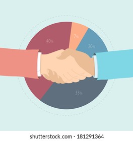 Flat design style modern vector illustration concept of two business people hand shaking, market share agreement, marketing partnership cooperation, financial solution and strategy success.