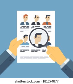 Flat design style modern vector illustration concept of human resources management, finding professional staff, head hunter job, employment issue and analyzing personnel resume.