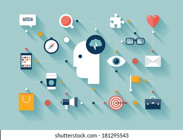 Flat design style modern vector illustration concept with icons set of creative thinking, business strategy process, brainstorming marketing ideas, daily thoughts and lifestyle routine. 