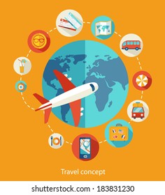 Flat design style modern vector illustration icons set of traveling on airplane, planning a summer vacation, tourism and journey objects . 