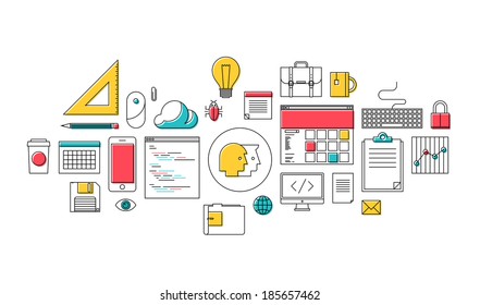 Flat design style modern vector illustration thin line icons set of web design, office equipment, coding and programming elements, working business tools for internet workflow and management.