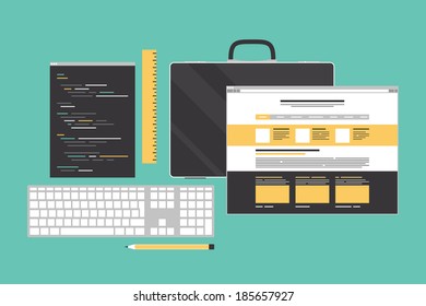 Flat design style modern vector illustration icons set of web page programming, website user interface elements and programming workflow objects. Isolated on stylish color background