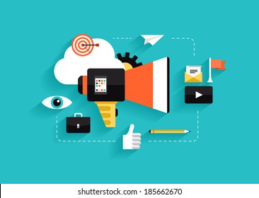 Flat design style modern vector illustration concept of social media marketing, digital marketing, online advertising process, creative business internet strategy and market promotion development.