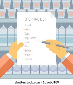 Flat design style modern vector illustration concept of person holding shopping list of items needed to be purchased in a supermarket with abstract product shelves on the background.