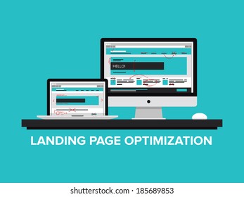 Flat design style modern vector illustration concept of landing page optimization process, optimize website for traffic growth and rank result, analyzing and improving homepage for success SEO. 