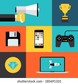 Flat design style modern vector illustration concept with icons set of game playing awards, gaming development apps for mobile device, play games on video console with game controller. 