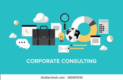 Flat design style modern vector illustration concept of corporate consulting, business management, financial planning, office organization development, professional support and service. 