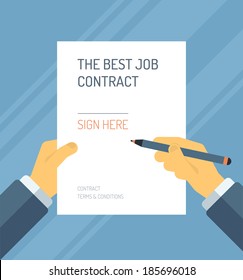 Flat design style modern vector illustration concept of business person signing employment contract form with the best terms and conditions for career. Isolated on stylish color background. 