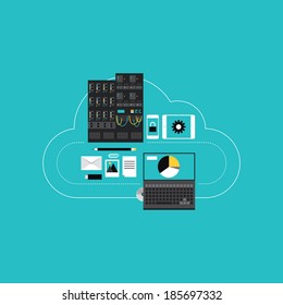 Flat design style modern vector illustration concept of cloud computing communication technology, web hosting for business networking, server connection and data access for mobile and computer devices