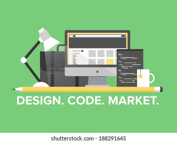 Flat design style modern vector illustration concept of web page programming, website and webpage coding, user interface elements, studio portfolio and creative market development. 