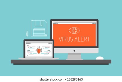 Flat Design Style Modern Vector Illustration Concept Of Computer And Laptop With Virus Alert Message, Trojan And Worm Distribution Via Internet, Software, Equipment, Antivirus And Firewall Protection.