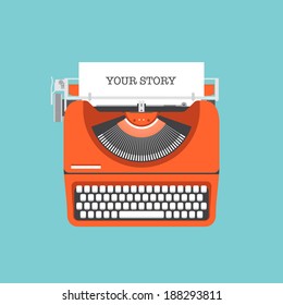 Flat design style modern vector illustration concept of a manual vintage stylish typewriter with share your story text on a paper list. Isolated on stylish color background