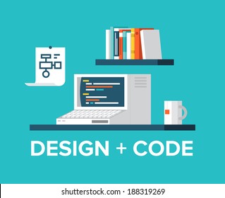 Flat Design Style Modern Vector Illustration Concept Of Office Workplace With Retro Computer, Programming Code On A Screen, Web Design, User Interface Development, Website Coding.