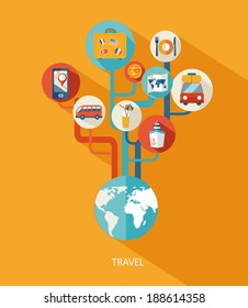 Flat design style modern vector illustration icons set of traveling, planning a summer vacation, tourism and journey objects . 