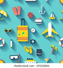 Flat design style modern vector background with icons set of planning a summer vacation, travelling on holiday journey, tourism and travel objects