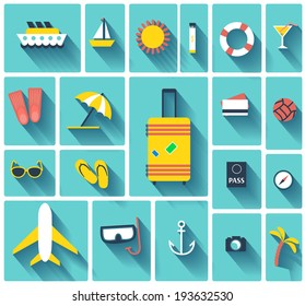 Flat design style modern vector illustration icons set of planning a summer vacation, travelling on holiday journey, tourism and travel objects