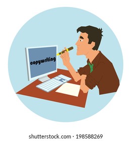 Flat design style modern vector illustration concept of copywriting. pensive man writes.