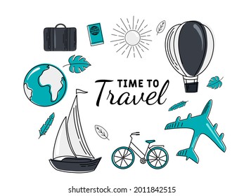 Flat design style modern vector illustration icons set of traveling on airplane, planning a summer vacation, tourism and journey objects. Isolated on stylish background.