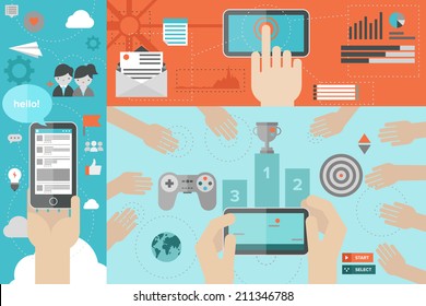 Flat design style modern vector illustration concept of mobile gaming with network friends, smart phone communication, chatting via social media services, using smartphone for mailing and networking