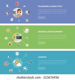 Flat design style modern vector illustration concept for web and infographic: planning and analytics, design and development, launch. Banners for websites. 
