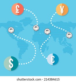 Flat design style modern vector illustration concept of world currency exchange, converting money with yen,dollar, euro, pound symbols, global trading on stock market. 