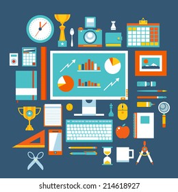 Flat design style modern vector illustration icons set of office items and tools, office various objects and equipment. Isolated on stylish color background