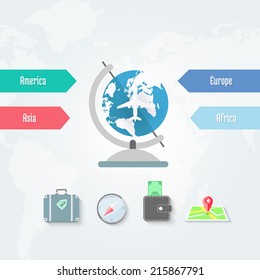 Flat design style modern vector illustration icons set of traveling on airplane, planning a summer vacation, tourism and journey objects.