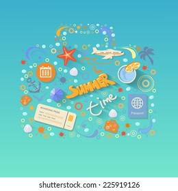 Flat design style modern vector illustration  concept of traveling on airplane, planning a summer vacation, tourism and journey objects and passenger luggage. Isolated on stylish background.