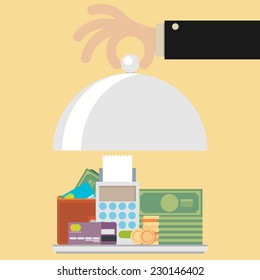 Flat design style modern vector illustration concept of businessman offering a money on the serve plate for funding a commercial project or investment in bank deposit.