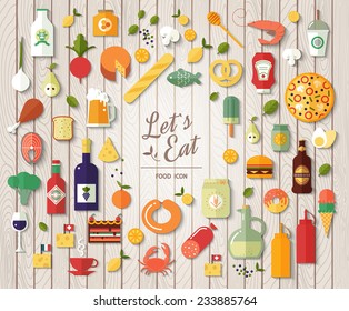 Flat design style modern vector illustration icons set on wood texture. Tasty food, meals, drinks, confection, vegetables and fruits.