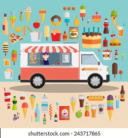 Flat design style modern vector illustration icons set of wagon full of tasty summer food, meals, drinks and fruits. Isolated on stylish color background