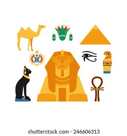 Flat design style modern vector illustration Egypt icons: pyramids, scarab, cat, camel, lotus, sphinx. Isolated on stylish color background. 