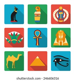 Flat design style modern vector illustration Egypt icons: pyramids, scarab, cat, camel, lotus, sphinx. 