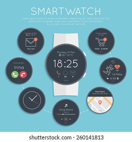 Flat design style modern vector illustration concept of smartwatch gadget, phone calls, sms, mails, music media player, location, running... 