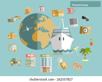 Flat design style modern vector illustration icons set of traveling on ship. Vector illustration.