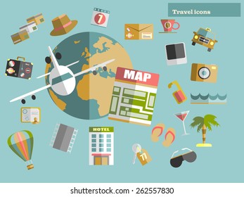 Flat design style modern vector illustration icons set of traveling on airplane. Vector illustration.