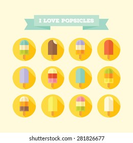 Flat design style modern vector illustration icons set of tasty summer popsicles. Ice cream on a stick isolated on yellow background. 