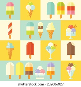 Flat design style modern vector illustration set of tasty summer ice creams on a stick, in waffle cup and popsicles.