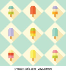 Flat design style modern vector illustration seamless pattern with tasty summer popsicles. 