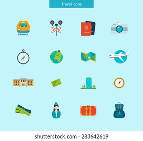 Flat design style modern vector illustration icons set of traveling on airplane and train planning a summer vacation, tourism and journey objects.